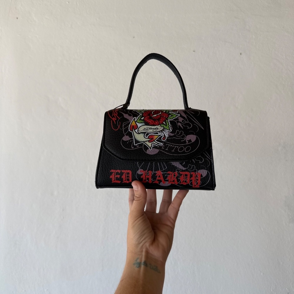Ed Hardy Rhinestone Rose Mini Handbag Black Y2K Tattoo‎ Purse NWT